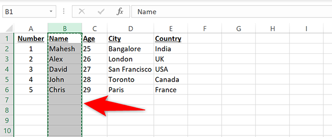 An animated dotted line around a column in Excel.