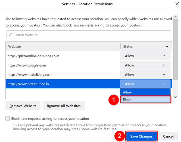 Click "Allow" next to a site and choose "Block" on the "Settings" page in Firefox on desktop.