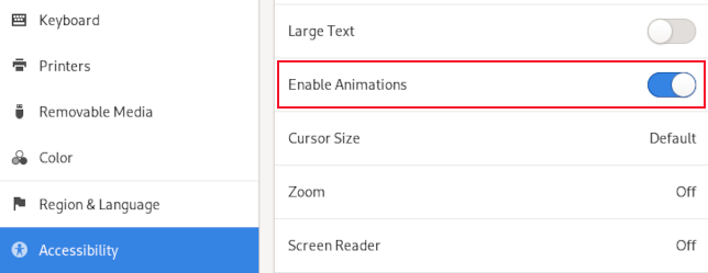 GNOME accessibility settings page with the "enable animations" option highlighted