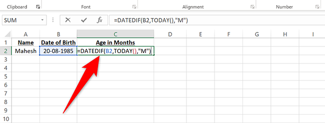 Enter =DATEDIF(B2,TODAY(),"M") in the C2 cell and press Enter in Excel.
