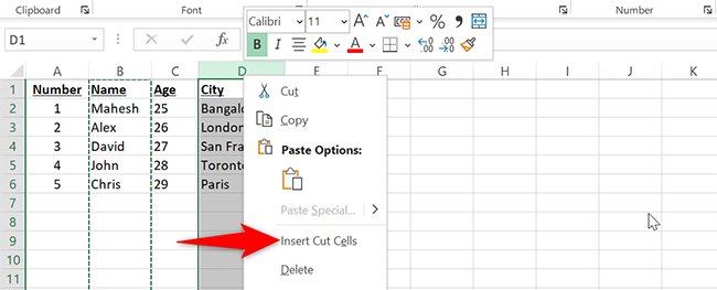 Right-click the destination column letter and select "Insert Cut Cells" in Excel.