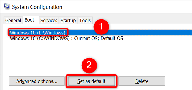 Select an OS and click "Set as Default" in the "Boot" tab on the "System Configuration" window.