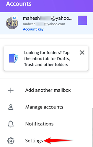 Tap "Settings" on the "Accounts" screen in the Yahoo Mail app.