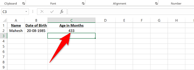 Age in months in Excel.
