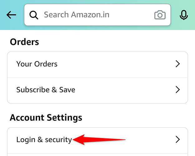 Select "Login & Security" from the "Account Settings" section on the "Your Account" page in the Amazon app.