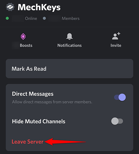 Select "Leave Server" from the server menu in Discord on mobile.