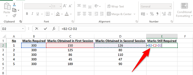 Enter the multiple subtraction formula in the E2 cell in Excel.