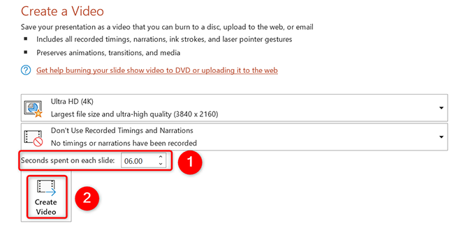 Specify the slide duration and click "Create Video" on the "Create a Video" page in PowerPoint.