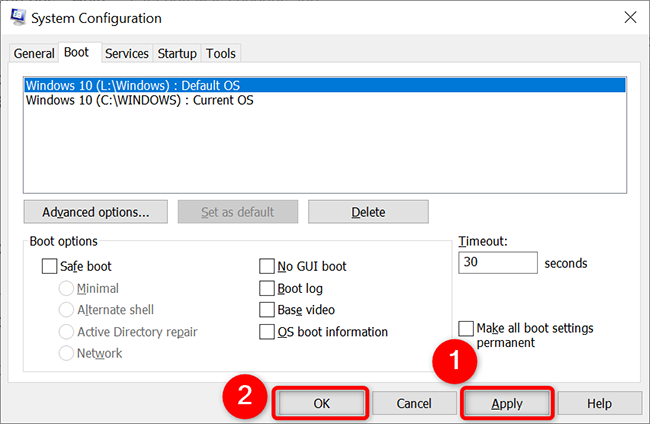 Click "Apply" followed by "OK" on the "System Configuration" window.
