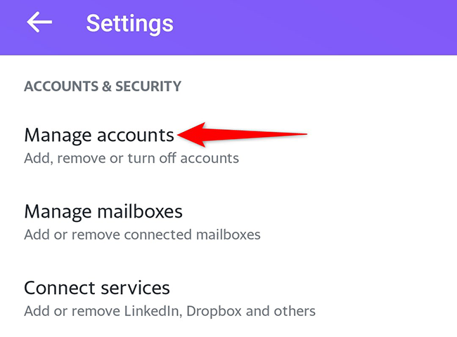 Select "Manage Accounts" on the "Settings" screen in the Yahoo Mail app.