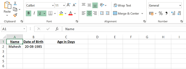 A sample spreadsheet to find age in days in Excel.