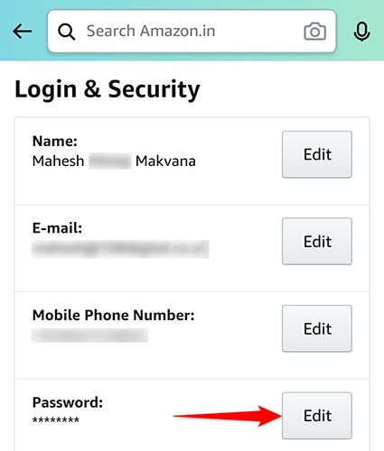 Tap "Edit" next to "Password" on the "Login & Security" page in the Amazon app.