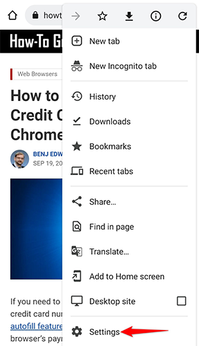 Select "Settings" from the three-dots menu in Chrome on mobile.