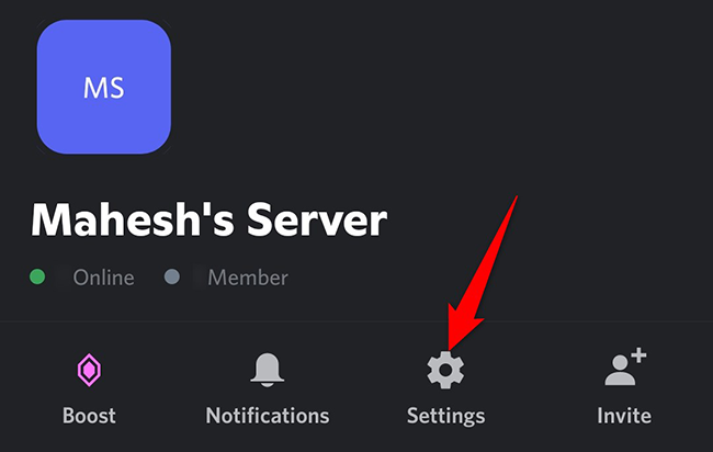 Select "Settings" on the server page in Discord on mobile.