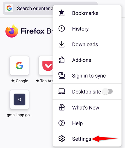 Select "Settings" from the menu in Firefox on Android.