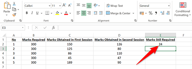Multiple subtraction answer in the E2 cell in Excel.