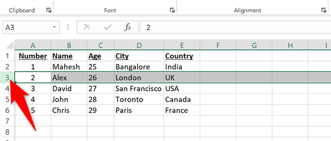 Click the row number in Excel.