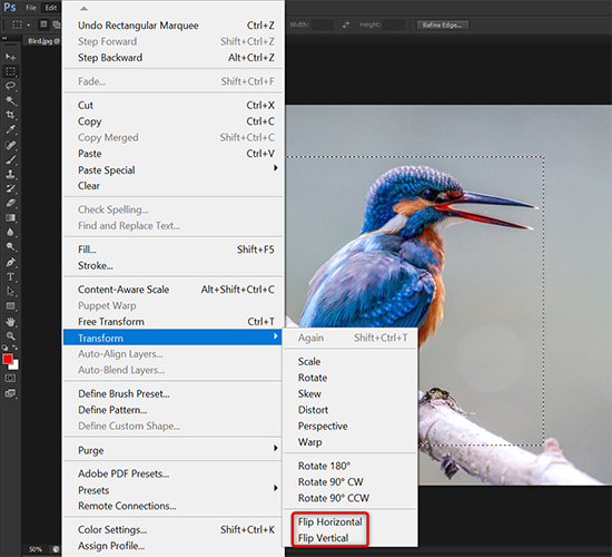 Select a flip option from the "Transform" menu in Photoshop.