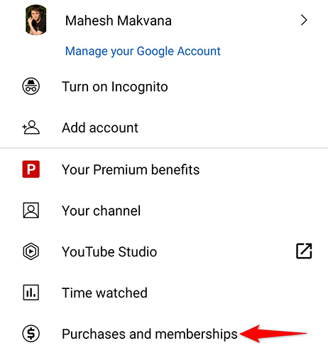 Select "Purchases and Memberships" from the profile menu in the YouTube app.