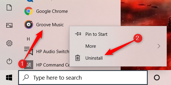 Right-click on an app and then select Uninstall
