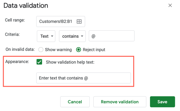 Data Validation custom message