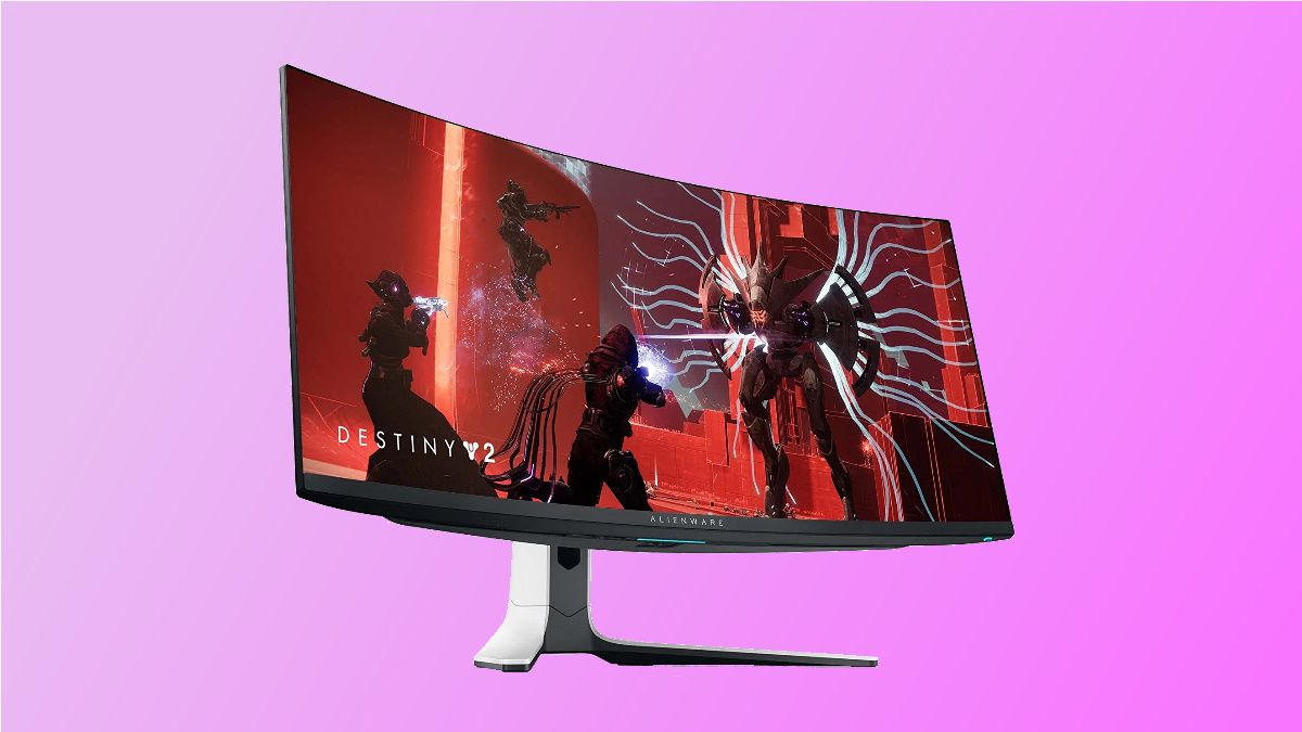 Dell Alienware AW3423DW on pink background