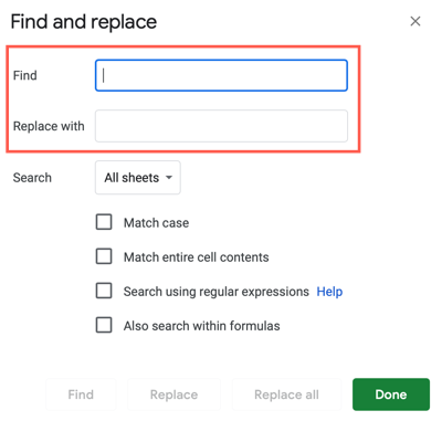 Enter the Find and Replace data