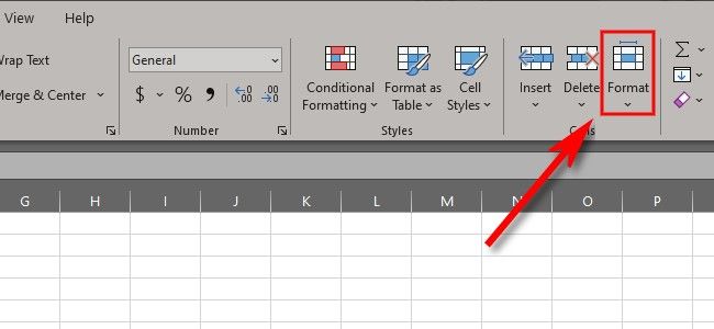 In the &quot;Home&quot; tab on the ribbon, select &quot;Format&quot; to open the formatting menu.