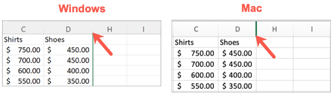 Hidden columns on Windows and Mac