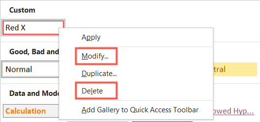 Pick Modify or Delete for a style