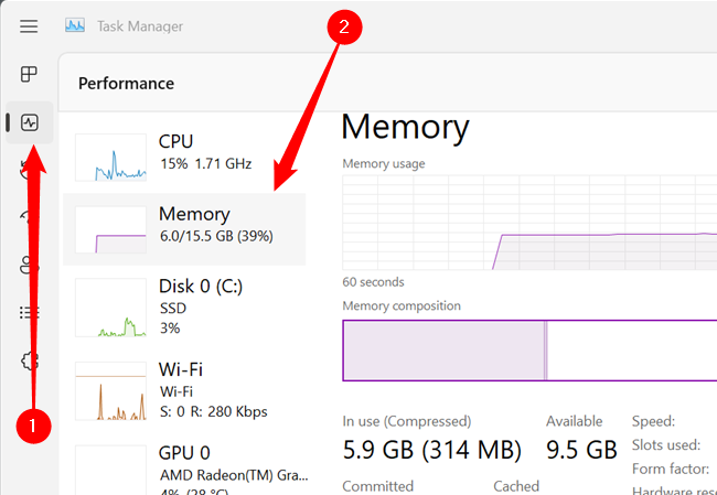 Click the small &quot;Performance&quot; icon on the left hand side of the Task Manager, then click &quot;Memory.&quot;