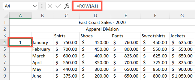 Enter the ROW function in Excel
