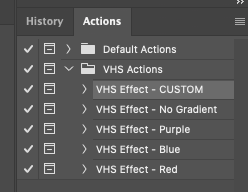 Photoshop Actions tab open with VHS Effect selected.