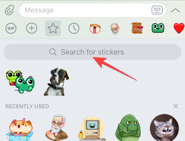 Swipe down on keyboard area to reveal the search bar for stickers.