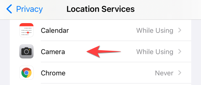 Select "Camera" under the "Location Services."