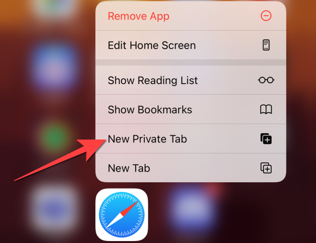 Long-press Safari app icon and select "New Private Tab" optoin.