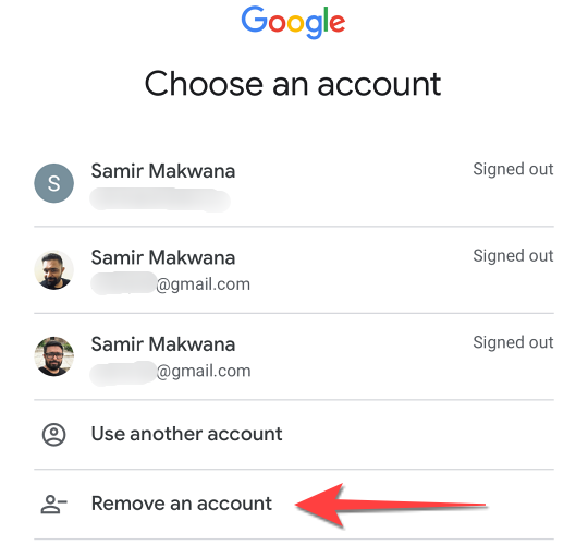 Select "Remove an Account" from Gmail in Safari