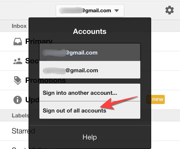 From the Gmail menu, select "Sign Out of All Accounts."