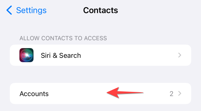 Tap on "Accounts" in the "Contacts" section on iPhone.