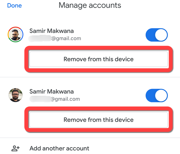 Tap "Remove from This Device" button for the Gmail account you want to remove.