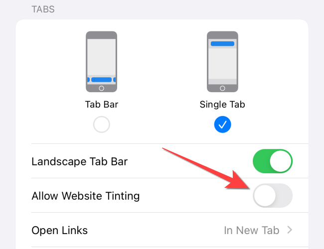 Toggle off the switch for "Allow Website Tinting."