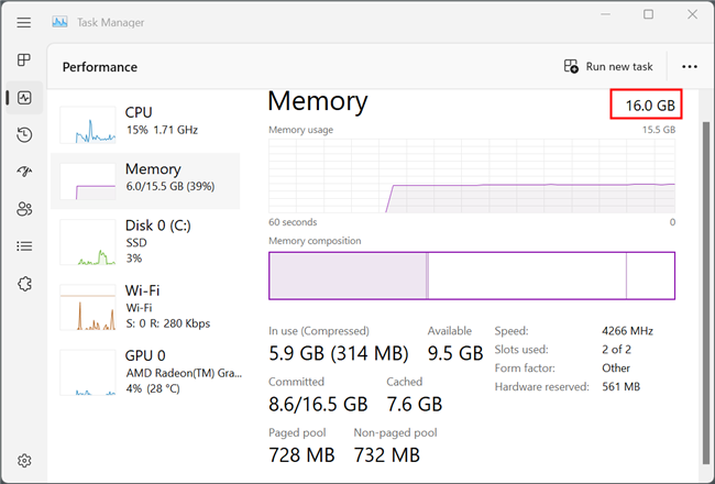 The total amount of RAM on the system --- 16 gigabytes --- is displayed in the upper right hand corner. 