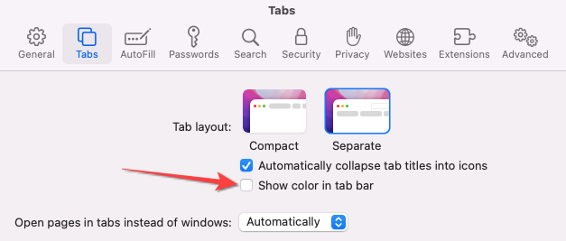 Uncheck the optoin for "Show color in the tab bar."