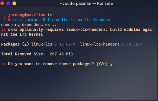 Use pacman to uninstall kernels in Arch Linux