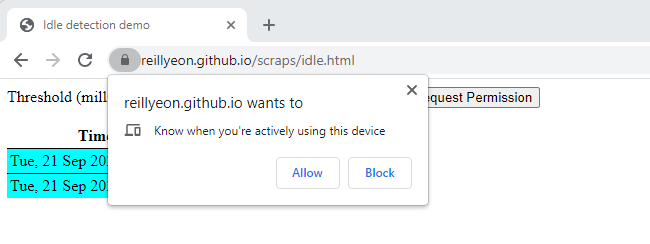 A website asking to &quot;know when you're actively using this device&quot; in Chrome.