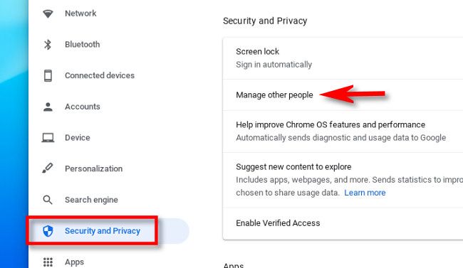 In Settings, click "Security and Privacy," then select "Manage Other People."