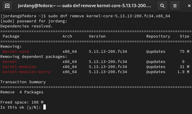 Remove kernel in Fedora Linux terminal
