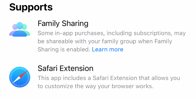 Extension support is shown in app listings in the App Store