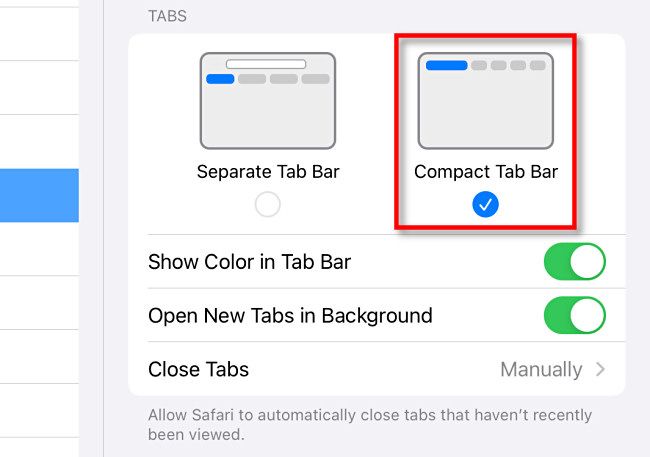 In Safari Settings, select "Compact Tab Bar"
