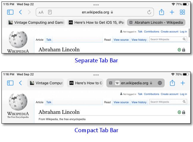 An example of the "Separate Tab Bar" vs. the "Compact Tab Bar."
